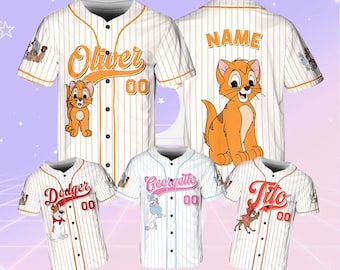May include: Four baseball jerseys with different cartoon characters and names. The jerseys are white with orange and blue stripes. The characters are Oliver, Dodger, Georgette, and Tito. The jerseys have the number 00 on them.