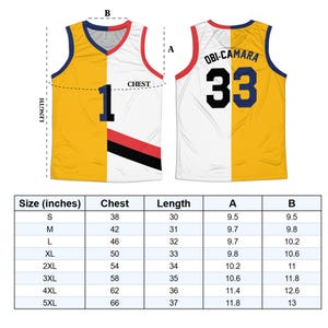 May include: A size chart for a basketball jersey with measurements in inches. The jersey is yellow and white with black and red accents. The jersey has the number "33" and the name "OBI-CAMARA" on the back.