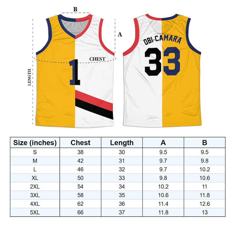 May include: A size chart for a basketball jersey with measurements in inches. The jersey is yellow and white with black and red accents. The jersey has the number "33" and the name "OBI-CAMARA" on the back.