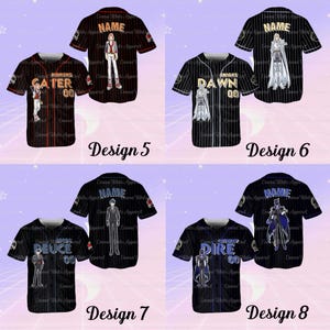 K&ouml;nnte beinhalten: Baseball-Trikots in Schwarz und Rot sowie Schwarz und Wei&szlig; mit Charakterillustrationen und Text. Die Trikots zeigen Namen, Nummern und die Texte "DIAMOND", "DAWN", "DEUCE" und "DIRE".