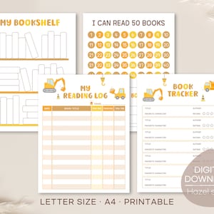 Bouwwagen leeslogboek, boektracker voor jongen, leesuitdaging, leesgrafiek, leeslijst, afdrukbare boekenplank, digitale download
