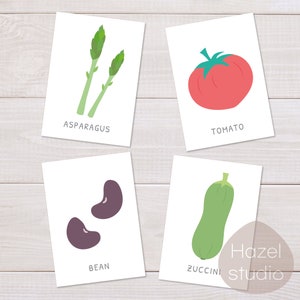 Op de afbeelding: Vier witte kaarten met illustraties van groenten en hun namen. De kaarten tonen asperges, tomaat, boon en courgette.