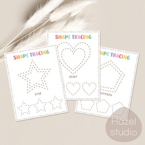 May include: Printable shape tracing worksheets for children. The worksheets feature a star, heart, and pentagon. Each shape has a dashed line for tracing.