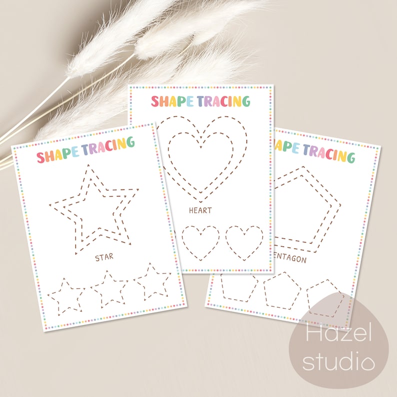 May include: Printable shape tracing worksheets for children. The worksheets feature a star, heart, and pentagon. Each shape has a dashed line for tracing.