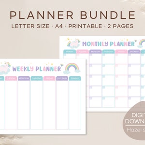 Kids Planner Bundle, Unicorn Planner Set, Weekly Planner, Monthly Planner, Homeschool Planner, kids schedule, Digital Download