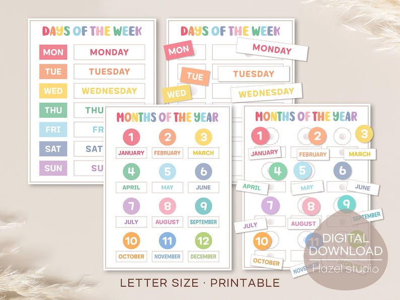 May include: Printable chart with colorful circles and labels for the days of the week and months of the year. The chart is designed for children to learn about time.