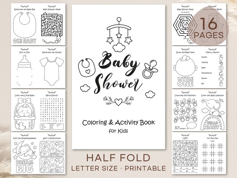 Op de afbeelding: Een zwart-wit kleur- en activiteitenboek voor kinderen met de titel "Baby Shower". Het boek heeft 16 pagina's en bevat activiteiten zoals doolhoven, stippen verbinden, woordzoekers en kleurplaten.