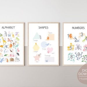 Educational Posters Set of 3, Alphabet,Shapes, Numbers Prints, Homeschool Montessori, Learning Resources, Digital Download