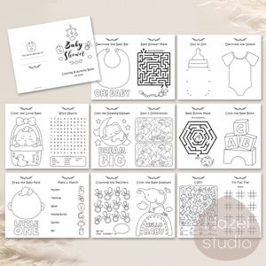Op de afbeelding: Een zwart-wit kleurboek voor kinderen met een babyshowerthema. Het boek bevat activiteiten zoals stippen verbinden, woordzoeker, doolhoven en kleurplaten. De omslag toont een baby-slabbetje, een babyratel en de woorden "Baby Shower".