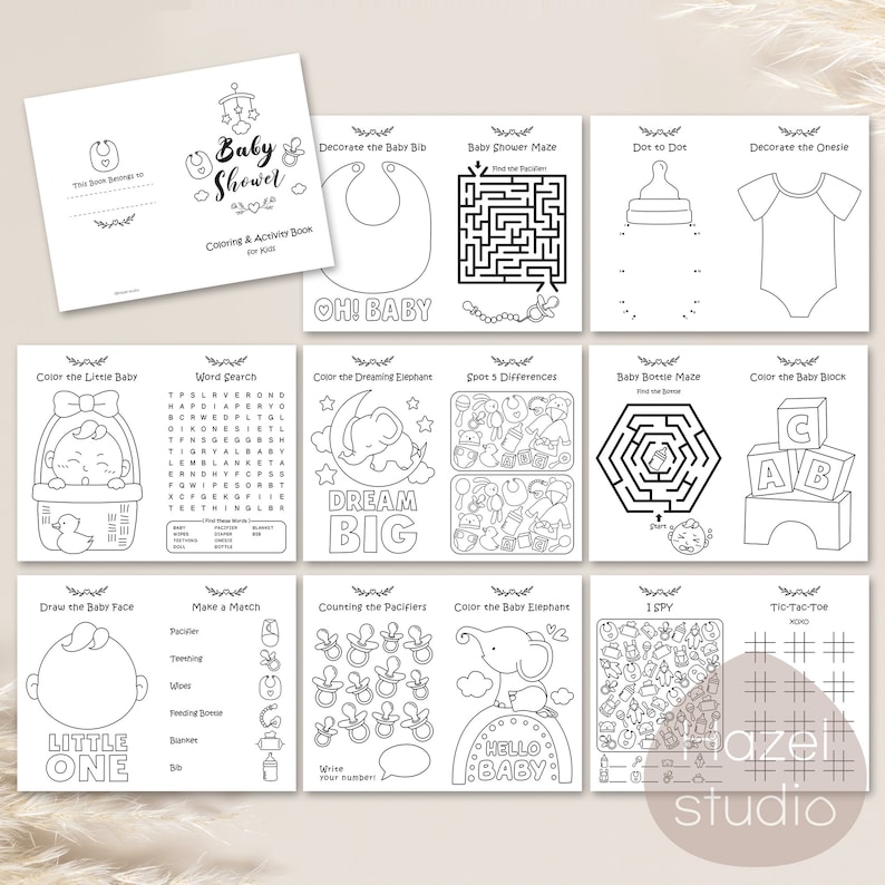 Op de afbeelding: Een zwart-wit kleurboek voor kinderen met een babyshowerthema. Het boek bevat activiteiten zoals stippen verbinden, woordzoeker, doolhoven en kleurplaten. De omslag toont een baby-slabbetje, een babyratel en de woorden "Baby Shower".