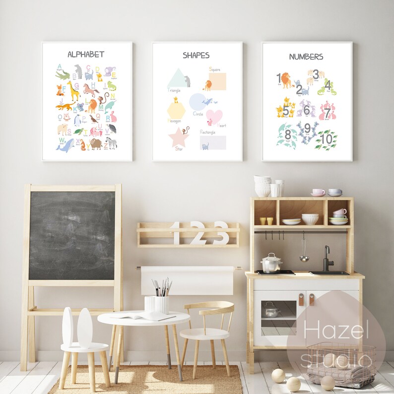 Lernposter 3er Set, Alphabet, Formen, Zahlen Drucke, Homeschool Montessori, Lernmaterialien, Digitaler Download Bild 2