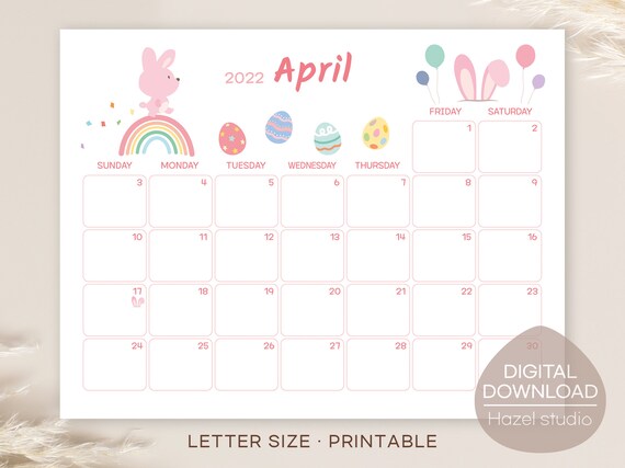 april 2022 calendar printable monthly calendar kids etsy canada
