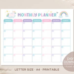 Kids Monthly Planner, Unicorn Daily Planner, Homeschool Planner, kids schema, Kids Daily Calendar, Digitale Download