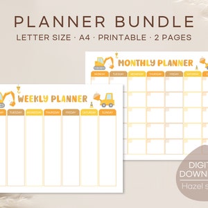 Kids Planner Bundle, Construction Planner Set, Weekly Planner, Monthly Planner, Homeschool Planner, kids schedule, Digital Download