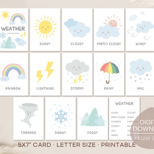 Cartões flash meteorológicos, cartões de aprendizagem climática, materiais Montessori, imprimíveis para educação domiciliar, download digital