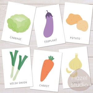 Op de afbeelding: Set van zes printbare flashcards met illustraties van verschillende groenten. De flashcards zijn wit met zwarte tekst en kleurrijke illustraties van een kool, een aubergine, een aardappel, een prei, een wortel en knoflook.