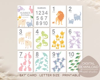Number Flash Cards, Animal Number Cards, Montessori Materials, Homeschool Printables, Learning Cards, Digital Download