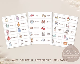 Peut inclure: Etiquettes imprimables pour organiser les articles de bébé. Les étiquettes mesurent 4x2 pouces et présentent de jolies illustrations d'articles pour bébé, tels que des bavoirs, des bodies, des couches, des chaussettes, des chaussures, etc. Les étiquettes sont conçues pour être imprimées sur du papier au format lettre.