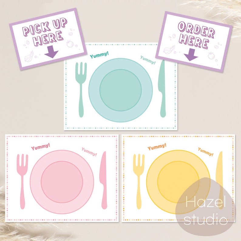 May include: Three printable placemats with a plate, fork, and knife. The placemats are decorated with a dotted border and the words "Yummy!" in a colorful font. The placemats are in green, pink, and yellow.
