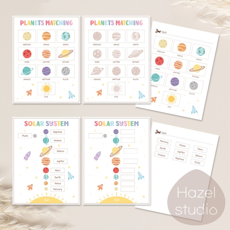 May include: Printable solar system matching game for kids. The game includes two sets of cards, one with the names of the planets and the other with pictures of the planets. The game is designed to help kids learn about the planets in our solar system.