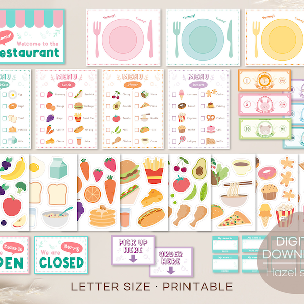 Pretend Play Restaurant set, Preschool Kids Activities,  Homeschool Activity, Dramatic Play, Digital Download