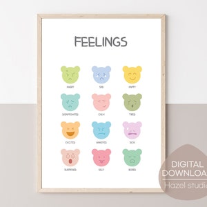 Gráfico de sentimentos de arco-íris, pôster de emoções, decoração de escola doméstica Montessori, decoração de quarto infantil, decoração de sala de aula, download digital