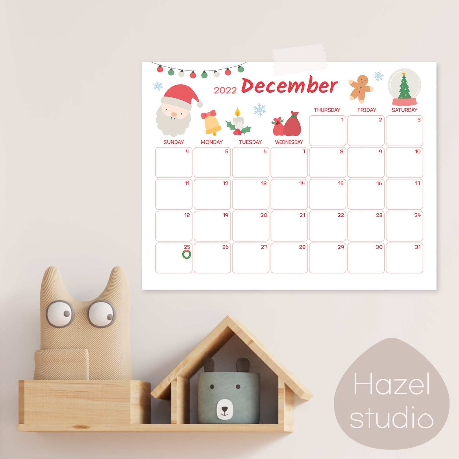 December 2022 Calendar Printable Monthly Calendar Kids Etsy Australia