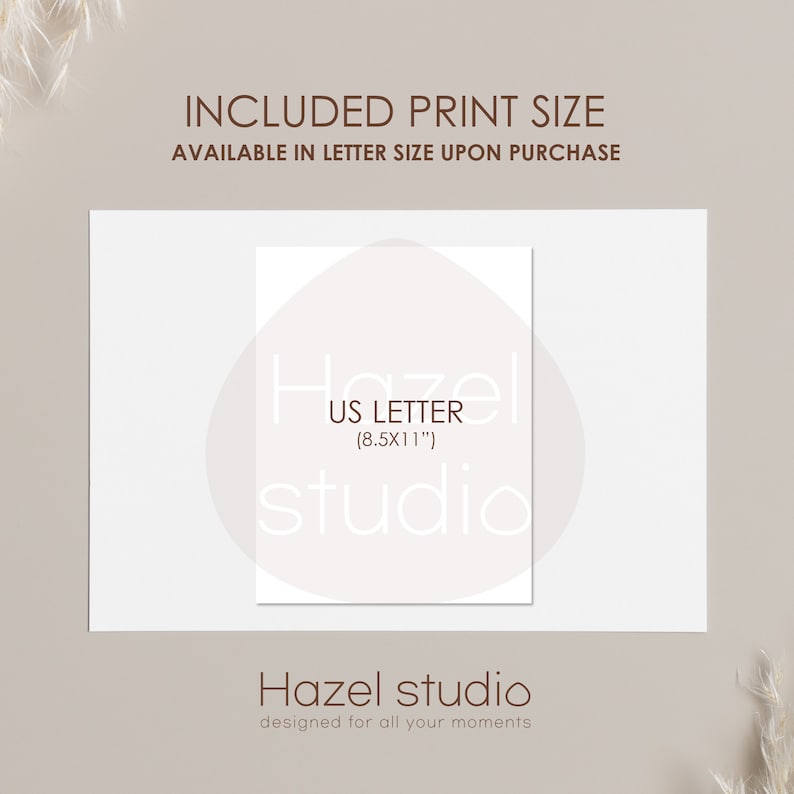 May include: A white printable design with the text "Hazel studio" and "US Letter (8.5x11")" in brown text. The text is inside a white circle with a light gray background. The text "Hazel studio designed for all your moments" is below the circle.