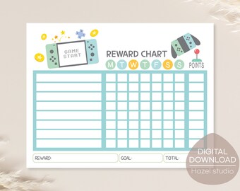 May include: A printable reward chart featuring a blue and green video game console with a blue and yellow controller. The chart has a grid for tracking points earned each day of the week. The text "GAME START" is on the console. The text "REWARD CHART" is at the top of the chart. The text "MTWTFSS POINTS" is below the chart title. The text "REWARD", "GOAL", and "TOTAL" are at the bottom of the chart.