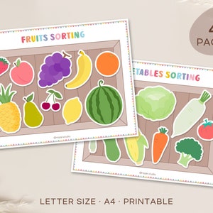 May include: Two printable worksheets for sorting fruits and vegetables. The top worksheet features a colorful crate with a variety of fruits, including a strawberry, peach, grapes, banana, orange, pineapple, pear, cherries, and watermelon. The bottom worksheet features a colorful crate with a variety of vegetables, including cabbage, radish, carrot, broccoli, and tomato. The text "FRUITS SORTING" and "VEGETABLES SORTING" is printed at the top of each worksheet. The text "LETTER SIZE - A4 - PRINTABLE" is printed at the bottom of the worksheets. The text "4 PAGES" is printed in a circle at the top right corner of the image.