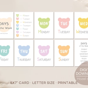 Tarjetas flash del día de la semana, tarjetas de días, materiales Montessori, imprimibles de educación en el hogar, tarjetas de aprendizaje, descarga digital
