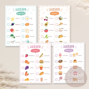 May include: Four printable menu cards with colorful borders and checkboxes. Each card features a different meal category: Breakfast, Lunch, Dinner, and Dessert. Each category includes a list of food items with corresponding illustrations.