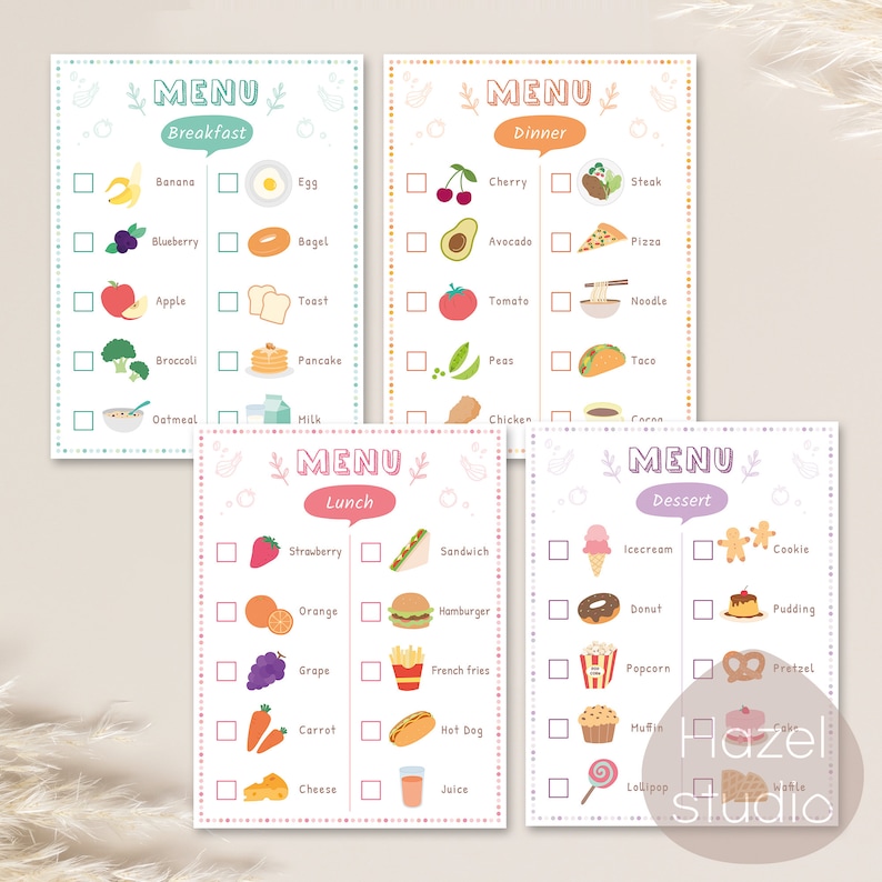 May include: Four printable menu cards with colorful borders and checkboxes. Each card features a different meal category: Breakfast, Lunch, Dinner, and Dessert. Each category includes a list of food items with corresponding illustrations.