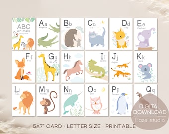 Dieren ABC-flashkaarten: afdrukbaar montessori-homeschool (digitale download)