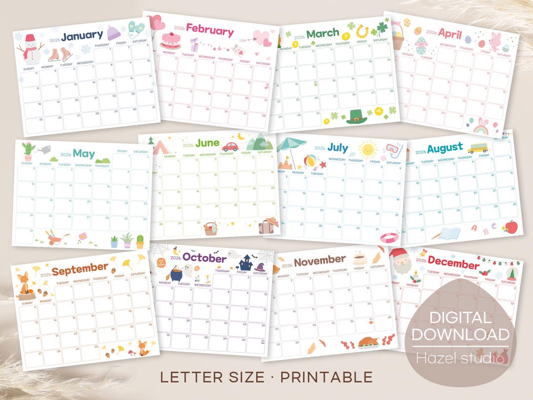 2026 Year Calendar Printable: Kids Monthly Planner (digital Download ...