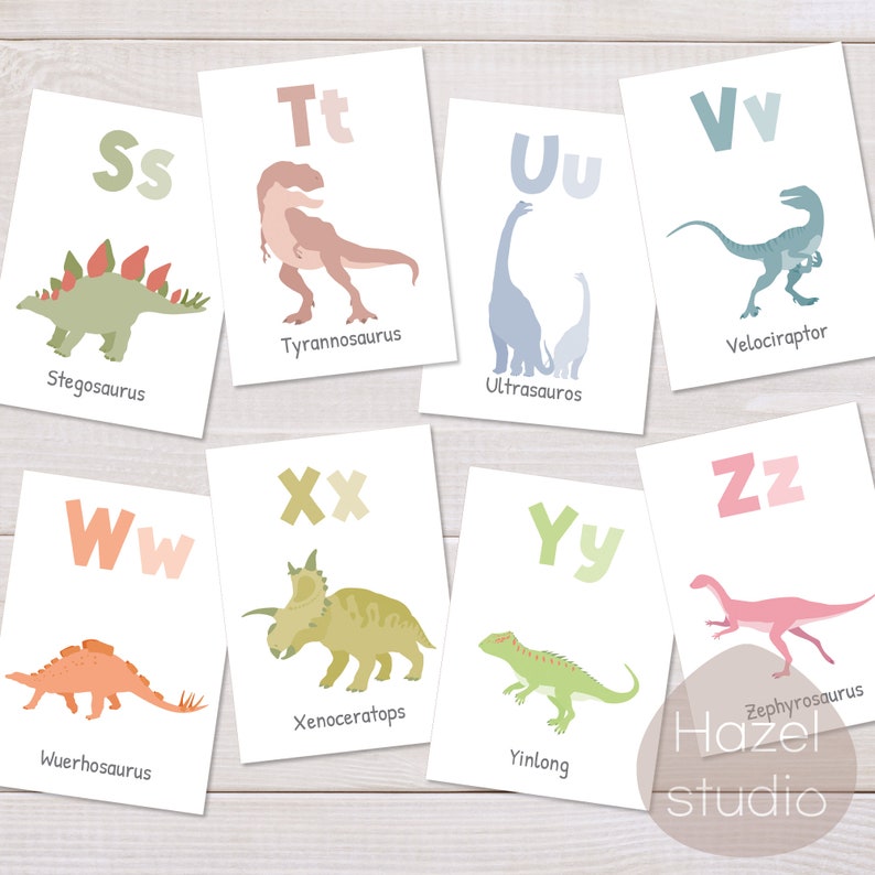 Alphabet Flash Cards Dinosaur ABC Cards Montessori Etsy