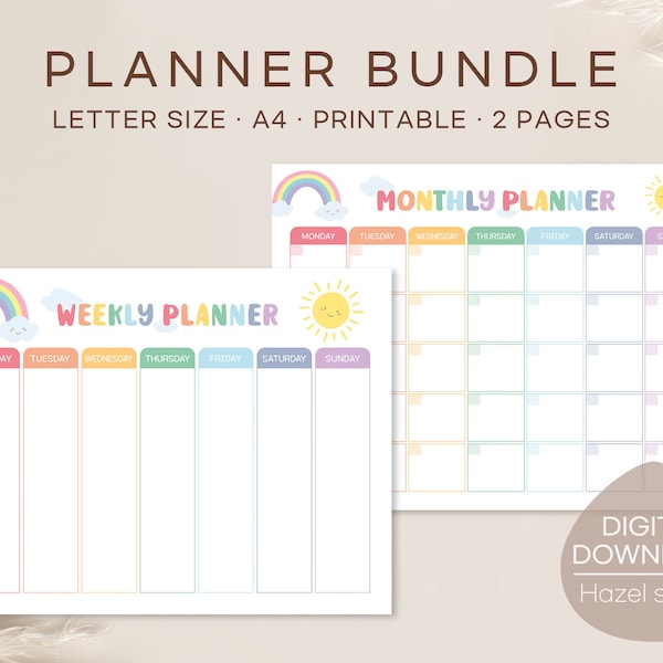 Kids Planner Bundle, Rainbow Planner Set, Weekly Planner, Monthly Planner, Homeschool Planner, kids schedule, Digital Download