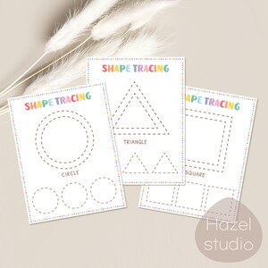 May include: Four printable worksheets for children to practise tracing shapes. The worksheets feature a circle, triangle, and square. Each shape is outlined with a dashed line for tracing. The title of each worksheet is "Shape Tracing".