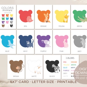 Cartões flash de cores, cartões de cores de animais, materiais Montessori, imprimíveis para escolas em casa, cartões de aprendizagem, download digital