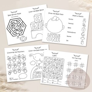 Op de afbeelding: Een set met printbare babyborrel-activiteitenbladen. De bladen bevatten een babyfles-doolhof, een babyblok-kleurplaat, een babygezicht-tekenblad, een babyartikel-matchspel, een baby-speen-telblad, een baby-olifant-kleurplaat, een ik-zie-wat-spel en een tic-tac-toe-spel.