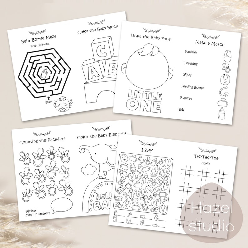 Op de afbeelding: Een set met printbare babyborrel-activiteitenbladen. De bladen bevatten een babyfles-doolhof, een babyblok-kleurplaat, een babygezicht-tekenblad, een babyartikel-matchspel, een baby-speen-telblad, een baby-olifant-kleurplaat, een ik-zie-wat-spel en een tic-tac-toe-spel.