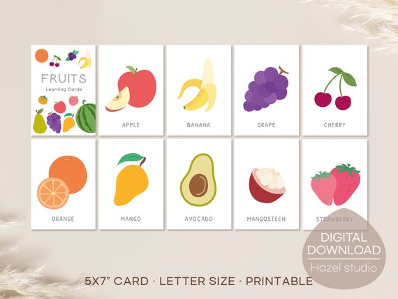 Fruits Flash Cards, Learning Cards, Montessori Materials, Homeschool Printables, Digital Download