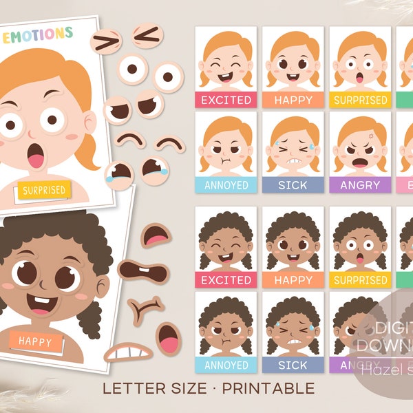 Emotions Activity for Girl, Feelings Chart, Matching Game, Preschool Worksheet, Toddler Busy Book, Montessori, Digital Download