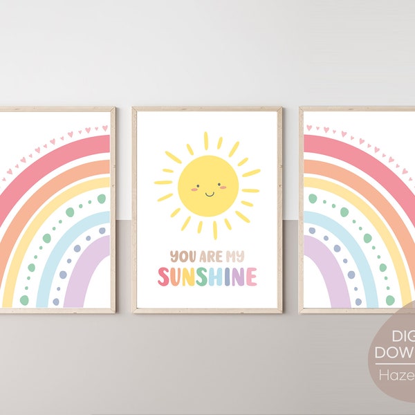 Rainbow Wall Art Set of 3, Nursery Print, You are my Sunshine, Kids Room Wall Art, Play Room Wall Art, Digital Download