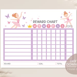 May include: Printable reward chart with a ballerina theme. The chart has a purple grid with days of the week labeled M-S and a space for points. There are pink butterflies and a crown at the top. The text "REWARD CHART" is at the top of the chart.