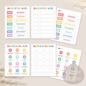 May include: Printable worksheets for learning the days of the week and months of the year. The worksheets feature colorful rainbow borders and numbers 1 through 12.