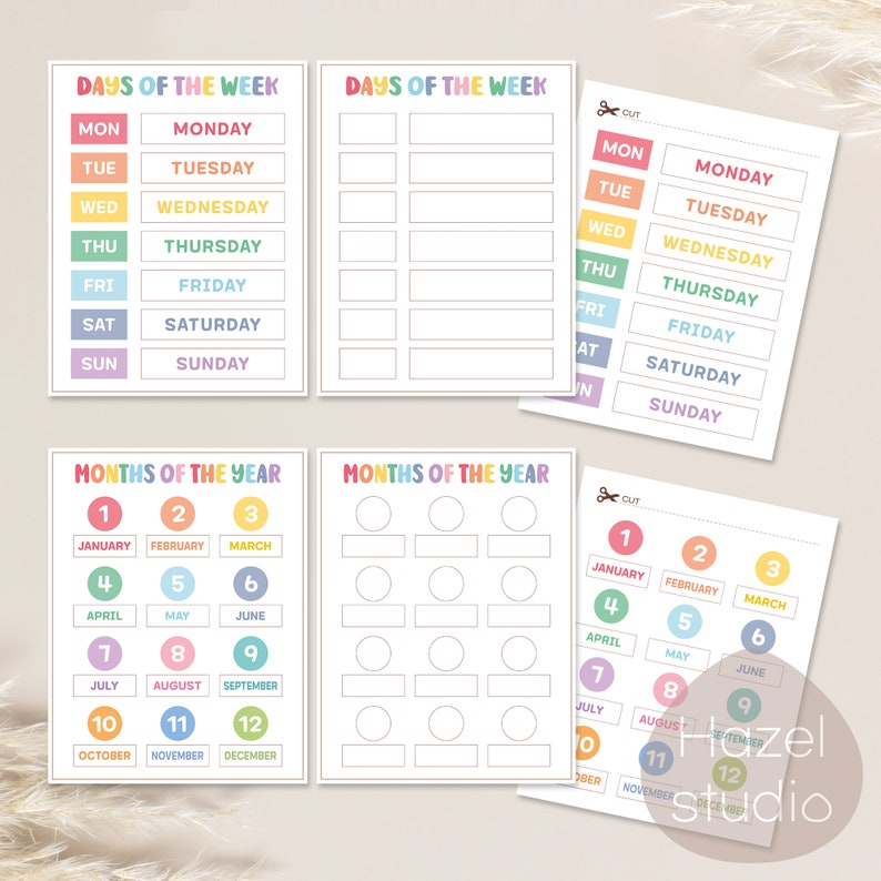 May include: Printable worksheets for learning the days of the week and months of the year. The worksheets feature colorful rainbow borders and numbers 1 through 12.
