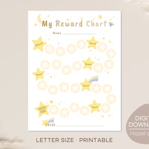 May include: A printable reward chart with a yellow star theme. The chart has a path of stars to follow, with a star at the end for a prize. The chart says "My Reward Chart" at the top and "Letter Size - Printable" at the bottom.
