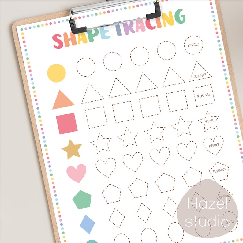May include: A printable worksheet for children to practise tracing different shapes. The shapes include a circle, triangle, square, star, heart, pentagon, diamond, and oval. Each shape is labelled with its name. The worksheet is designed for preschool and kindergarten children.