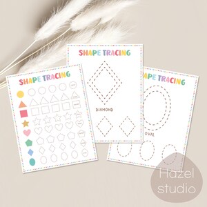 May include: Three printable worksheets for children to practise tracing shapes. The worksheets feature a variety of shapes, including circles, triangles, squares, stars, hearts, diamonds, and ovals. The worksheets are labelled "Shape Tracing" and "Ape Tracing".
